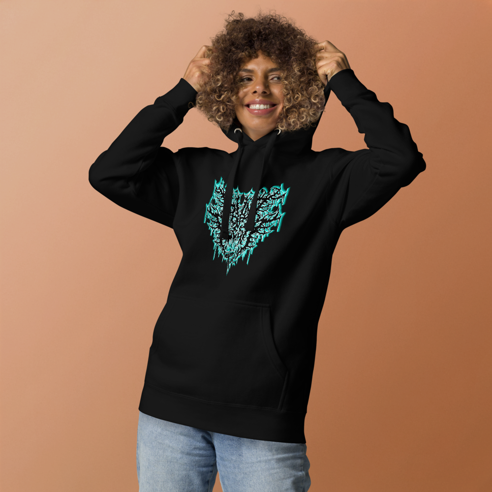 Woman wearing a black pull over hoodie with the hood up. On the front is the old Pound Of Flesh tX Logo in Blue/White fading to black.
